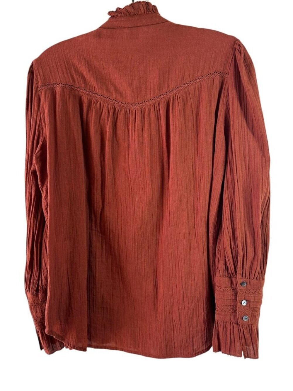 Sundance Rust Cotton Victorian Prairie Blouse Size Small Ruffle Neck Lace Trim - Picture 4 of 6